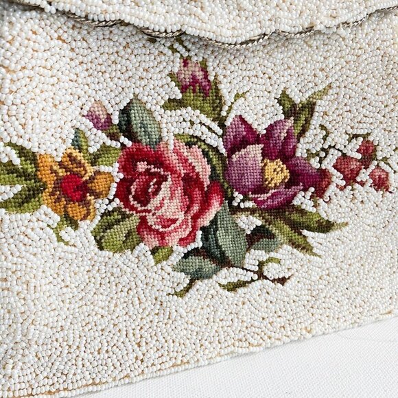 Vintage fully beaaded floral Crosstich Wedding Special Occasion Purse - Picture 4 of 12